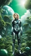 Placeholder: Wide angle photo of a sci-fi woman with blond hair, silver and black futuristic spacesuit looking android-like, standing on an alien jungle planet with cloud trees in multiple green hues