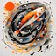 Placeholder: ,Free will is a colorful herring; Klimt; Hundertwasser; controversial; stupendous; transcendent,one koi fish in calligraphy style, splash effects, ink blobs, mostly black and white with some orange, top down view