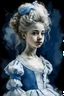 Placeholder: indigo girl with a 18 century hair style wig in a white dress in oil painting effect ink brushstrokes