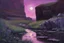 Placeholder: Purple sky with one planet, weeds, cliffs, rocks, puddle, 2000's sci-fi movies influence, wilfrid de glehn, jenny montigny, and rodolphe wytsman impressionism paintings