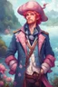 Placeholder: kind sailor, man, red slightly curly hair, long jacket, pink-azure clothes, pink-azure cocked hat in cold colors, white floral pattern on jacket, flower in hair, pirate, stardew, valley style