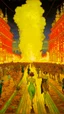 Placeholder: Track of oil with runners made of lights, in the background the crowd is burning, in the style of Alphonse mucha