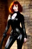 Placeholder: Christina Hendricks dressed in black leather catsuit, with a whip in her hand, inside a dungeon, busty, cleavage, angry, stern look, volumetric lighting, particales,highly detailed,cinematic, deep colours,8