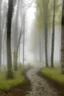 Placeholder: soft fog, with light breaking through, tall white birch trees, and a stone path leading to pavilion
