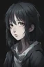 Placeholder: emotionless, numb, depressed anime girl, distant portrait with dark black background