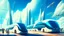 Placeholder: alien bus station, electric buses, with many people waiting, tall buildings in the background, futuristic cars, blue sky, white clouds