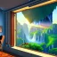 Placeholder: desk, parquet, sheet of paper, little pen, office chair in front of a huge picture window with large view on a waterfall with warm light, sunset ,pixar style, panorama, nature, globe, HD, Hallelujah mountains