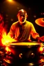 Placeholder: 4K realistic, Gandhi playing drums in a metal band, black background, bright flames all around