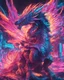 Placeholder: Close up shot, Dragon in a vibrant synthwave dreamscape, neon chaos swirling energetically around pixelated forms, a dynamic fusion of retro gaming nostalgia and futuristic abstraction