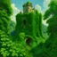 Placeholder: A green castle in a forest covered in vines painted by Frank Wilson