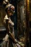 Placeholder: a beautiful ballerina, in a studio, Infront of a mirror, side profile with eyes looking slightly Down, her reflection in the mirror is however looking straight back at her and not looking down, scary, dark undertone, 12k, detailed painting, thick impasto and textures with rough brush strokes, chaos background with cracked paint, peeling off