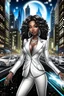 Placeholder: Create a digital airbrush cartoon of a curvy African American female wearing a white business suit with white heels. Prominent make up with hazel eyes. Highly detailed very long extremely curly black hair. She is wearing silver and diamond Jewely that shines of the lights. Her skin is smooth and silky. Background of a busy city street