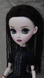 Placeholder: outfit ideas for Barbie doll whis two Braided braids in full grow. Haloween print black Dress Addams Wednesday