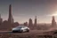 Placeholder: A Tesla 'Model Y' is parked, in the 'Cloud City' of Bespin. CINEMATIC. WIDE ANGLE LENS. PHOTO REAL.