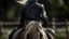 Placeholder: Detail of a blonde rider, from behind, riding without a saddle or bridle on a dark horse at full gallop.