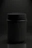 Placeholder: black container, plastic, realism, with screw lid, no labels, round container, view from the front, protein powder, dark studio setting, black background, large container, lid not fully screwed on