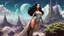 Placeholder: exotic sci-fi pin-up girl, with long dark hair, on an alien planet with cloud trees, tall spires and buildings