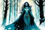 Placeholder: create a wildly conceptual full body portrait illustration of sorceress with highly detailed feminine facial features, in an ethereal, otherworldly , darkened, ancient winter forest , in the comic book art style of Bill Sienkiewicz, Mike Mignola, Sparth, and Jean Giraud Moebius, finely drawn, colored and inked, suffused with dramatic natural light and shadow under a midnight blue moon