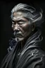 Placeholder: a photo of an Asian man with ethnic jewelry, grey hair and grey flowing robe, in style of Annie Leibovitz, contemporary portrait of a mature yet beautiful and modernist man, black and grey, detailed masculine face, swirling fluid smokey enigma, award-winning artwork