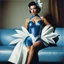 Placeholder: [colour photo by Helmut Newton] femme des années 1950 photoréaliste portant un costume de super-héros en spandex bleu et blanc avec une grande fleur de lys sur la poitrine, assise sur un divan.