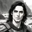 Placeholder: A portrait of Jared Leto in his early 30s, long beachy haircut, black hair, on a rocky island, in ebony armor from Skyrim, melancholic and dangerous facial expression, half-smiling, drawn in the style of ink manga sketch