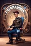 Placeholder: create Disny Pixar photo of a man sitting on a logo chair of a social media logo wearing Steampunk clothes. The background is mockup of profile page with a profile name and a profile picture same as character. soft reflection on the ground