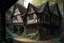 Placeholder: large medieval gothic, wooden inn, with a balcony, next to a cobbled road, in a wood, dense foliage, photo-realistic