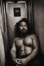 Placeholder: full figure photography of a gipsy man 33 year old man ugly chubby muscular bearded sleeping, open mouth, shirtless, manly chest, short beard, long hair, closed eyes, big belly, sitting in a dark elevator, dim top light, completely wet, photorealistic, ambient occlusion , view from the ground