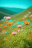 Placeholder: Old autochrome with bokeh patches, in the mountain,, wild delicate flowers in the wind, orange, pink, turquoise, green, sunny day, delicate, bokeh