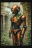 Placeholder: COPILOT PROMPT A majestic, eight-foot-tall automaton, constructed from polished copper and oiled wood, stands in a desolate, overgrown garden. Vines and moss cling to its metallic limbs, and a single, glowing glass eye seems to observe the world with quiet contemplation. A small puff of steam escapes from a valve on its chest, giving the only sign of life. The background is the rusted, decaying façade of a grand Victorian manor, half-swallowed by the wilderness. The scene should be lit with a s
