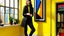 Placeholder: A medium shot of a room with yellow walls and floor, and a wall with a Mondrian-style painting. A young, fair-skinned woman with dark hair pulled back is standing near a window, pointing outside. She is wearing a black blazer, a white shirt, light-colored jeans, and black boots. The window has a black frame and two shelves. Outside the window, there are trees and a blue sky. The room is lit by natural light coming through the window and artificial light from the painting. The style is reminiscen