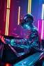 Placeholder: A piano player with glassy shining with neon lights reflecting in their cybernetic enhancements. Background