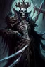 Placeholder: a demonic looking man with a sword in his hand, undead skeleton king, skeleton king, overlord season 4, ainz ooal gown, prince crown of black gears, the king of death, king of time reaper, overlord, lich vecna (d&d), dark and forboding, from overlord, scary knight, large black smile Overlord