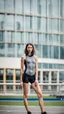 Placeholder: beautiful anorexic young woman, total shot, grey triathlon swimsuit, short brunette wavy bob hair, blurred city background