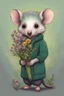 Placeholder: Green opossum wearing cardigan holding a bouquet of wildflowers cute art