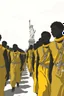 Placeholder: "A conceptual black-and- yellow , digital illustration of a massive black African slaves with chains walking in the same direction, , symbolizing conformity. Statue of Liberty in the background, The atmosphere feels lifeless and repetitive, emphasizing the ordinary mindset of the majority."