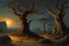 Placeholder: night, dry trees, rocks, mountains, rocky land, sci-fi, fantasy, friedrich eckenfelder and rodolphe wytsman impressionism paintings