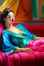 Placeholder: oriental woman lying on a pillow painting neoclassism bright colors zoom out realistic whole body