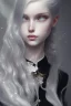 Placeholder: A beautiful young woman with long white hair and blue eyes, pale skin with opal freckles. Wearing a black dress. A man with long black hair in a Victorian suit. Couple.