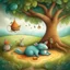 Placeholder: Storybook illustration of the Hare and tortoise fable, lazy Hare is sleeping under an oak tree, by Alexander Jansson, whimsical, by Shaun Tan, storybook page textures