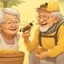 Placeholder: Grandpa and grandma enjoy eating in a planet of honey stingless bee, realistic