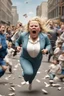 Placeholder: an obese terrified blonde woman crying and sobbing in a pant suit desperately running away from an angry mob of thousands of kids chase her down a city street throwing books at her