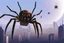 Placeholder: ilustración de una araña gigante sobre una ciudad en una ilustración al estilo de Peter Elson