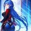 Placeholder: girl, masterpiece, best quality, volumetric lighting, detailed outfit, perfect eyes, blue hair, red eyes, long hair, laughing, braided ponytail, looking back,