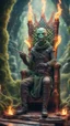 Placeholder: framed book cover illustration, close up portrait of a happy blessed ancient magical slimy weird alien mad max soldier posing for photo shoot on a throne, holding a burning sceptre, in a space alien mega structure with stairs and bridges woven into a sacred geometry knitted tapestry in the middle of lush magic forest, bokeh like f/0.8, tilt-shift lens 8k, high detail, smooth render, down-light, unreal engine, prize winning