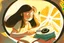 Placeholder: brunette girl cutting film reels in a study, children's book illustration in style of Brigette Barrager, Sven Nordqvist and Nicole Rubel in sunshine