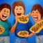 Placeholder: Three happy people eating pretzel pizza,oil painting