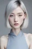 Placeholder: taiwan model, pale skin, short black hair dyed sliver, blue eyes, heart-shaped face, skinny hourglass figure