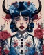 Placeholder: Poster in two gradually, a one side wears a smart shirt which is embroidered with bluered flowers and ornaments, has dark eyes and horns,malevolent goth vampire girl face and other side the Singer Melanie Martinez face, full body, painting by Yoji Shinkawa, darkblue and sepia tones,