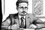 Placeholder: russian man sitting at desk, portrait, speech, nametag, glasses, goatee, short hair, mustache, suit; comic style, caricature, sketch art; black and white; grayscale, pencil drawing